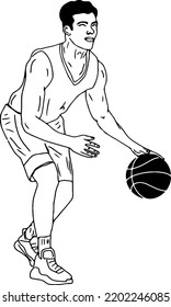 Jugador de baloncesto en acción con una bola aislada en la ilustración vectorial del contorno del fondo blanco, dibujo del boceto del jugador de baloncesto, dibujo del doodle de dibujos animados de la silueta del atleta de baloncesto