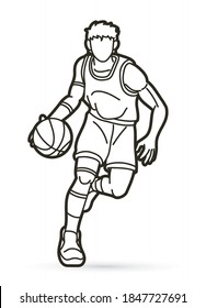 Basketball player action cartoon outline graphic vector