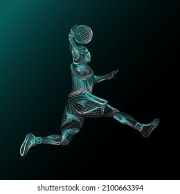 Basketball player action figure line art. Human action on motion lines. Basketball slum dunk.