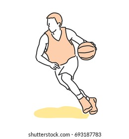Basketball player in action, line drawing. hand drawn. vector illustration.
