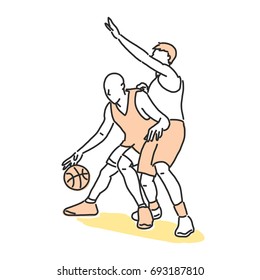 Basketball player in action, line drawing. hand drawn. vector illustration.