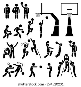 Basketball Player Action Poses Stick Figure Pictogram Icons