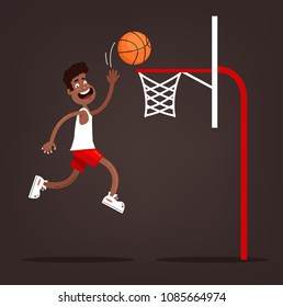 Basketball player african american man character scores ball into basket. Sport play game. Vector flat cartoon isolated design graphic illustration