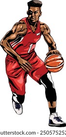 Basketball player African American man hand drawn vector art colored