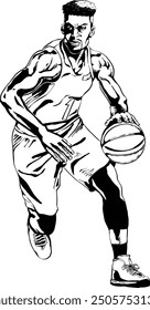 Jugador de baloncesto Hombre afroamericano dibujado a mano Arte vectorial blanco y negro