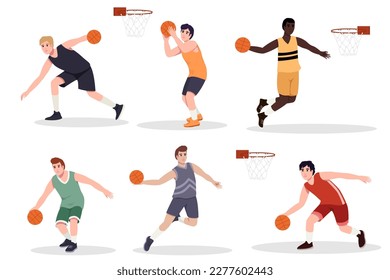 Jugador de baloncesto. Hombres afroamericanos y blancos jugando, hombres saltando con pelota, jugadores de baloncesto musculares en diferentes posiciones de juego.