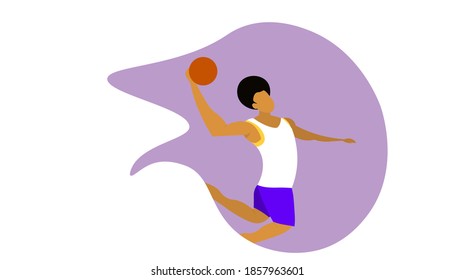 A basketball player in the air. He is throwing the ball in the basket
