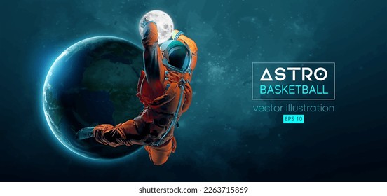 El astronauta del jugador de baloncesto en acción espacial y Tierra, planetas de la luna en el fondo del espacio. Ilustración del vector