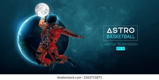 Basketballspieler Astronaut in Weltraum und Erde, Mondplaneten auf dem Hintergrund des Raumes. Vektorgrafik