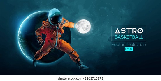 Basketball player astronaut in space action and Earth, Moon planets on the background of the space. Vector illustration