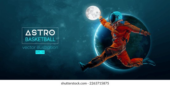 Basketball player astronaut in space action and Earth, Moon planets on the background of the space. Vector illustration