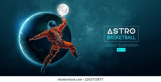 Basketball player astronaut in space action and Earth, Moon planets on the background of the space. Vector illustration