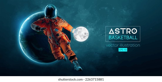 Basketballspieler Astronaut in Weltraum und Erde, Mondplaneten auf dem Hintergrund des Raumes. Vektorgrafik