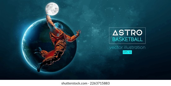 El astronauta del jugador de baloncesto en acción espacial y Tierra, planetas de la luna en el fondo del espacio. Ilustración del vector