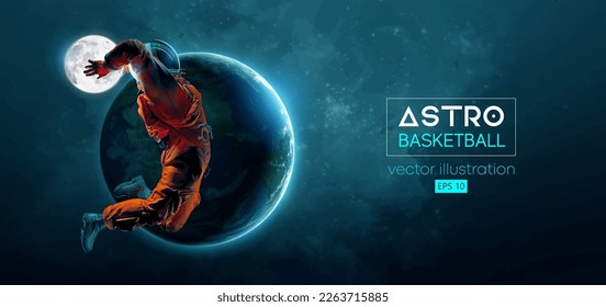 El astronauta del jugador de baloncesto en acción espacial y Tierra, planetas de la luna en el fondo del espacio. Ilustración del vector