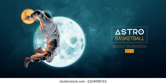 Basketball player astronaut in space action and Moon, Mars planets on the background of the space. Vector illustration