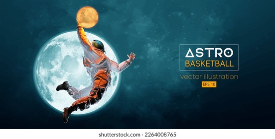 Basketball player astronaut in space action and Moon, Mars planets on the background of the space. Vector illustration