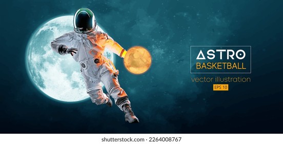 Basketball player astronaut in space action and Moon, Mars planets on the background of the space. Vector illustration