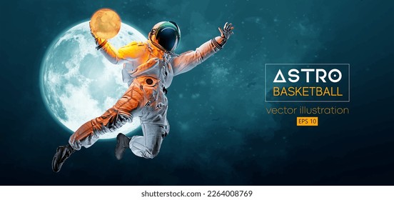 Basketball player astronaut in space action and Moon, Mars planets on the background of the space. Vector illustration