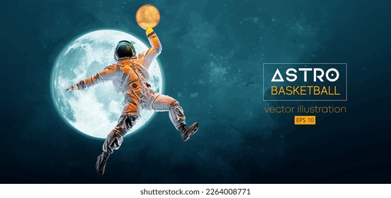 Basketball player astronaut in space action and Moon, Mars planets on the background of the space. Vector illustration