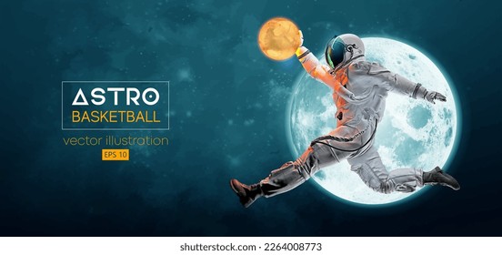 Basketball player astronaut in space action and Moon, Mars planets on the background of the space. Vector illustration