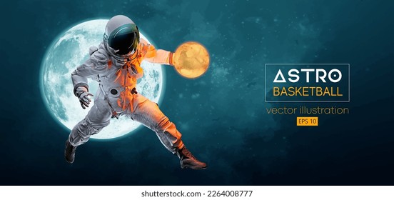 Basketball player astronaut in space action and Moon, Mars planets on the background of the space. Vector illustration