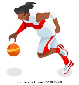 Basketball Player Athlete Sportswoman Games Icon. 3D Isometric Black Basketball Player Athlete. United States USA Sporting Competition. Sport Basket Infographic Basketball events Vector Image