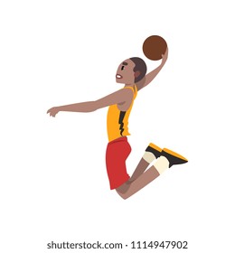Basketball player, athlete in uniform jumping with ball vector Illustration on a white background