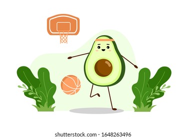 Basketball player avocado with basketball ball. Avocado character design on white background. Modern flat sport illustration. Cute design for greeting cards, stickers, fabric, websites and prints.