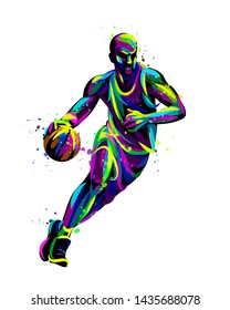 Basketball player with the ball. Abstract, multicolored hand-drawn graphics of a basketball player with watercolor splashes.