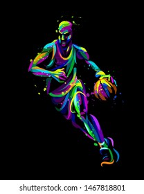 Basketball player with the ball. Abstract, multicolored hand-drawn graphics of a basketball player with watercolor splashes on a black background.