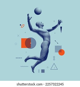 Basketball player with ball in action. Sportsman jumping and want throw basketball ball. Art composition. Cover design template. 3D illustration for brochure, poster, presentation, flyer or banner.