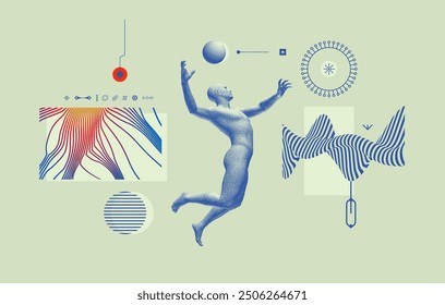 Basketball player with ball in action. Sportsman jumping and want throw basketball ball. Art composition. Cover design template. 3D illustration for brochure, poster, presentation, flyer or banner.