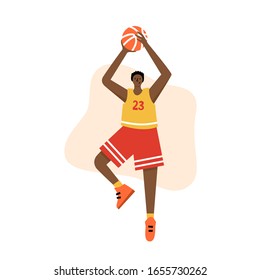 Basketball player with ball. Adult man cartoon action character. Flat vector isolated illustration. Men's basketball championship poster, banner design
