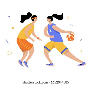 Basketball Player With Ball. Adult Woman Cartoon Action Character. Flat Vector Isolated Illustration. Women's Basketball Championship Poster, Banner Design
