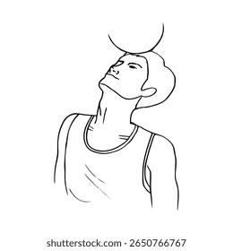 basketball player with ball balancing on head in sleeveless t-shirt - hand drawn line art