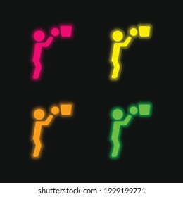 Basketball Player Ball And Basket four color glowing neon vector icon