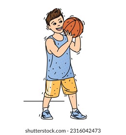 Basketball player with the ball. Boy throws a basketball into the ring. Cute child in sports. Vector illustration.