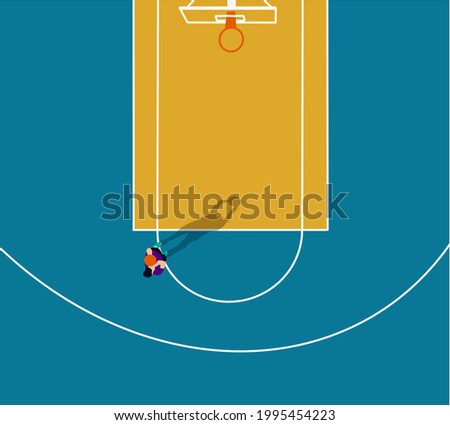 Basketball player with ball in colorful court. Top view arena. Flat design. Vector illustration.