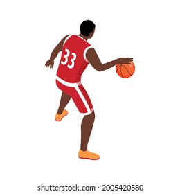 Basketball player with ball during match back view isometric vector illustration