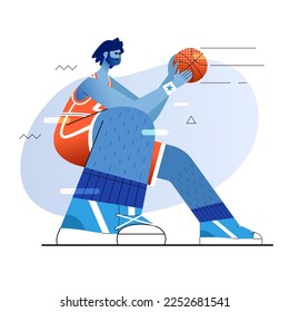 Basketball player with a basketball ball flat art. Basketball player isolated on a white background. Vector Illustration