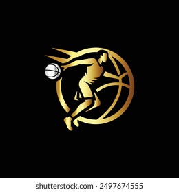 Basketball player with ball in gold circle. Sport vector logo template.