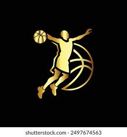 Basketball player with ball in gold circle. Sport vector logo template.
