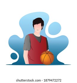 Basketball player with ball in hand. Cartoon character of male athlete in blue background.