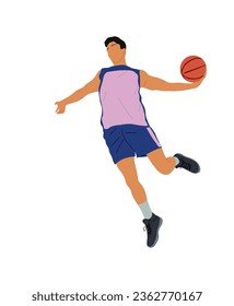 Basketball player with ball in hand jumping up. Strong man athlete in action during shooting, playing sports game. Professional sportsman. Vector realistic illustration isolated on white background.