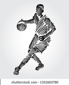 Basketball player with ball in hand looking away. Simple drawing with black outlines in sketch-shape on light background.
