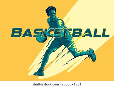 Basketball player with ball. illustration of a basketball player holding a ball. Basketball tournament vector banner concept on yellow background.