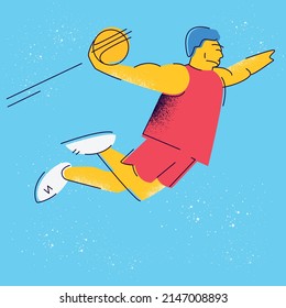 Basketball player with a ball in a jump. Creative bright graphics, vector illustration with noises