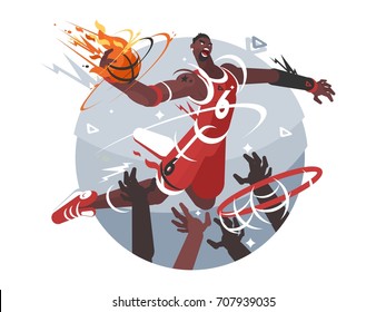 Basketball player with ball makes slam dunk. Vector flat illustration