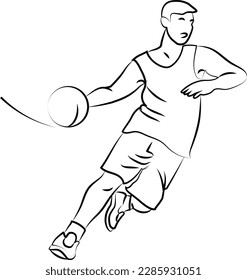 Basketball player with the ball in motion. He is preparing to throw the ball into the ring. black line,